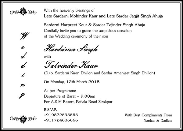 Sikh wedding invitation wording 6 - Parekh Cards